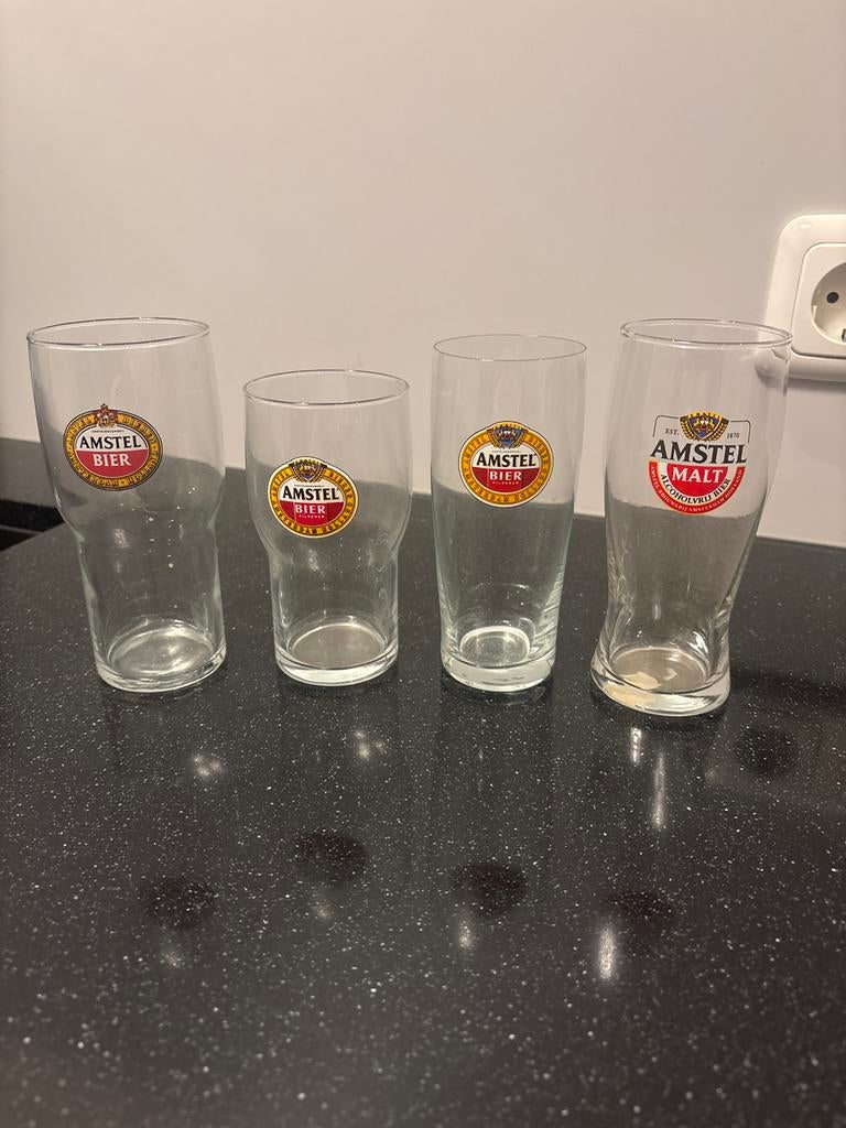 Unieke set van 4 Amstel Bier Glazen, Ophalen of Verzenden, Gebruikt, Overige materialen, Los bestek