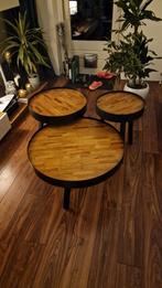 Salontafels/bijzettafels mangohout & zwart staal, Gebruikt, 50 tot 100 cm, 50 tot 75 cm, Rond