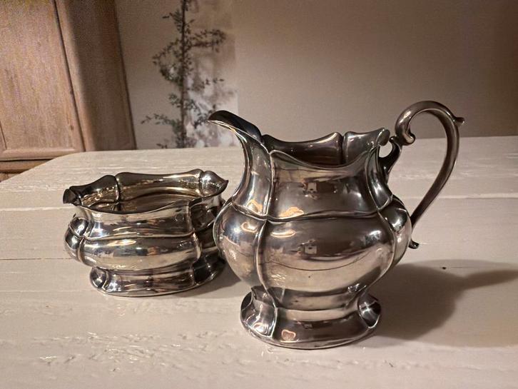 Verzilverd Roomstel - Melkkan en Suikerpot, Handgemaakt, Antiek en Kunst, Antiek | Goud en Zilver, Ophalen of Verzenden