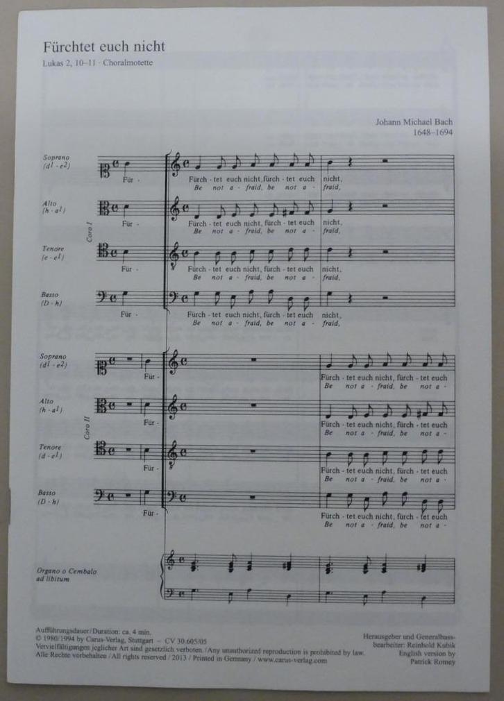 korpartituur Fürchtet euch nicht. J.M. Bach, Muziek en Instrumenten, Bladmuziek, Zo goed als nieuw, Artiest of Componist, Klassiek