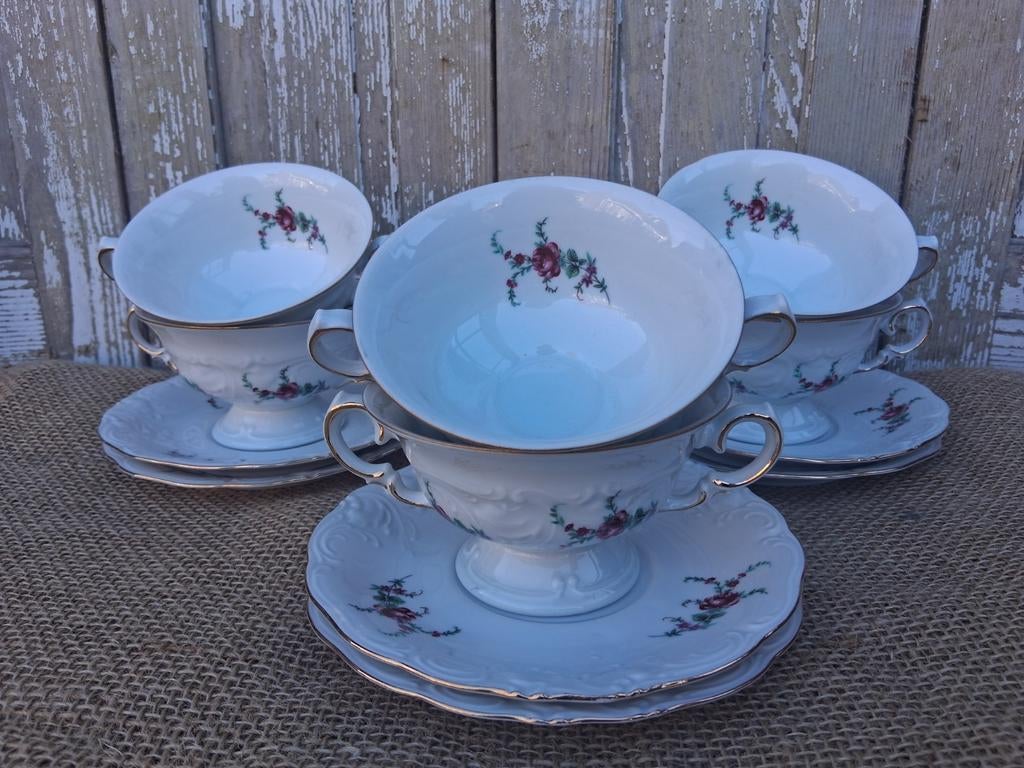 Set van 6 soepkommen met schotel Wawel, brocante roos, Ophalen of Verzenden