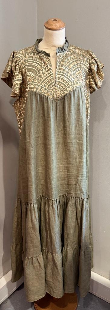 Schitterende linnen  jurk van Greek Archaic Kori (L), Kleding | Dames, Jurken, Zo goed als nieuw, Maat 42/44 (L), Groen, Onder de knie