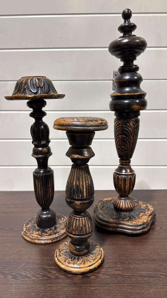 Set van 3 Houten Kandelaars Zwart – Landelijk / Hoffz Stijl, Ophalen of Verzenden, Zo goed als nieuw, Zwart, Hout