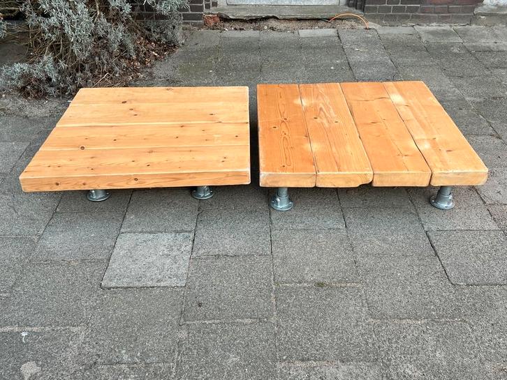 Brutalist zware salontafels bielzen steigerbuis grenen set/2, Huis en Inrichting, Tafels | Salontafels, Gebruikt, Minder dan 50 cm