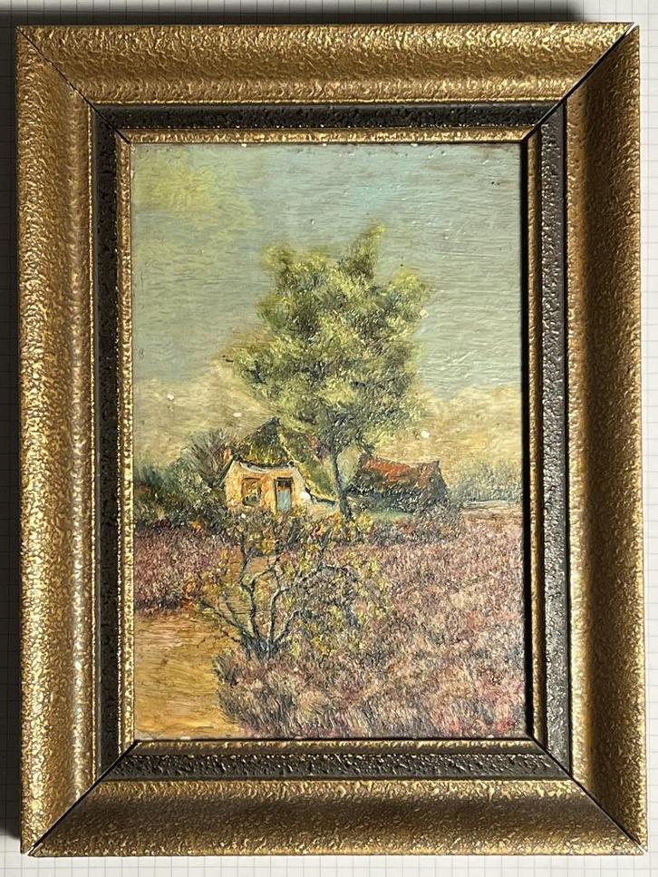 Schilderij op tegel + lijst - Boerderij, Antiek en Kunst, Kunst | Schilderijen | Klassiek, Ophalen of Verzenden