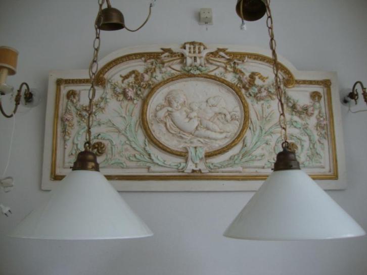 Stel grote melkglazen ( opaal ) hanglampen, Huis en Inrichting, Lampen | Hanglampen, Gebruikt, 50 tot 75 cm, Glas, Metaal, Verzenden