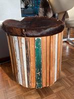 Houten Opbergton met Koeienhuid Deksel, Huis en Inrichting, Banken | Voetenbanken en Poefen, Minder dan 50 cm, Gebruikt, Rond