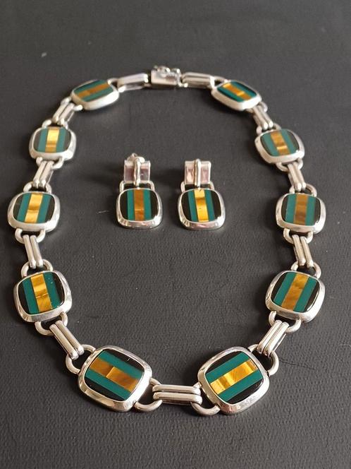 Zilveren Mexico Set Collier & Oorbellen, Sieraden, Tassen en Uiterlijk, Armbanden, Zo goed als nieuw, Zilver, Zilver, Met edelsteen