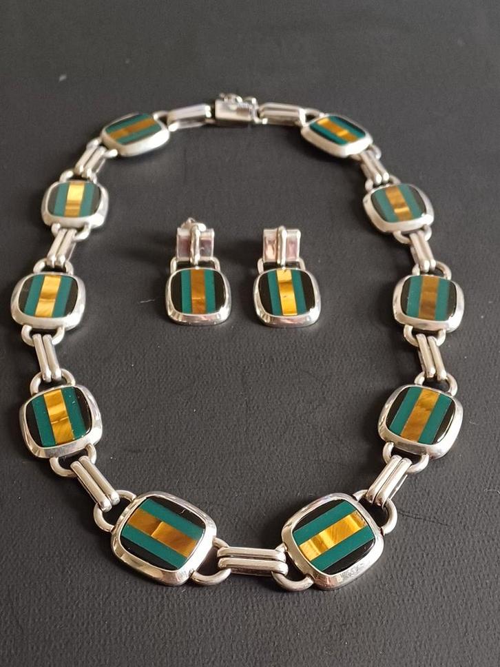 Zilveren Mexico Set Collier & Oorbellen, Sieraden, Tassen en Uiterlijk, Armbanden, Zo goed als nieuw, Zilver, Zilver, Met edelsteen