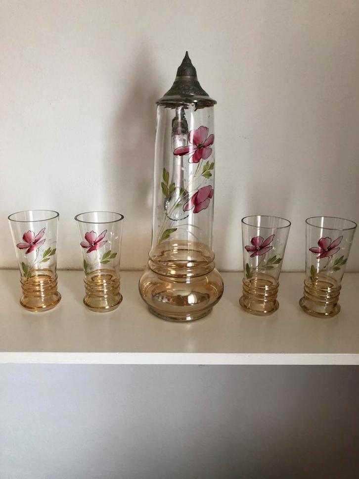 Bierschenkkan met 4 glazen, Antiek en Kunst, Antiek | Glas en Kristal, Ophalen of Verzenden