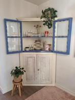 Vintage hoekkast 217x121 cm, authentiek hout&glas, landelijk, Antiek en Kunst, Ophalen