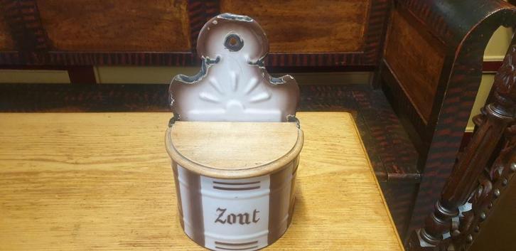 Emaille zoutpot 2 kleuren houten en deksel, Antiek en Kunst, Antiek | Emaille, Ophalen of Verzenden