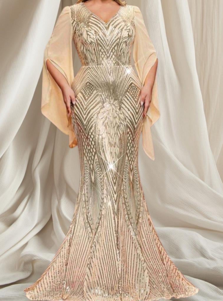 Goudkleurig galajurk met chiffon mouwen mt 46, Ophalen of Verzenden, Nieuw, Zwart, Trouwjurk