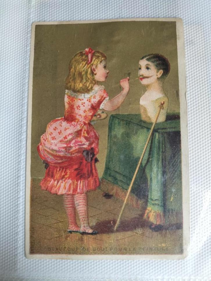 Oude Chromo Kaart - Meisje Schildert, ca. 1900, Verzamelen, Poesieplaatjes, Ophalen of Verzenden