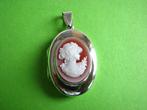 Mooi Zilveren Medaillon Camee -Meisje met Hoedje - rood/br, Verzenden, Zilver, Hanger