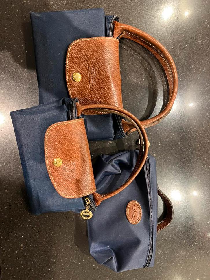 Broemde Longchamp set van drie le Pliage!, Sieraden, Tassen en Uiterlijk, Tassen | Damestassen, Gebruikt, Blauw, Ophalen of Verzenden