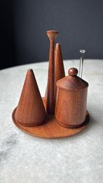 Vintage peper, zout & mosterdstel – teakhout – MCM - '60, Ophalen of Verzenden, Gebruikt