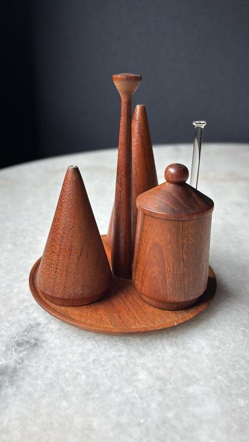 Vintage peper, zout & mosterdstel – teakhout – MCM - '60, Huis en Inrichting, Keuken | Keukenbenodigdheden, Gebruikt, Ophalen of Verzenden