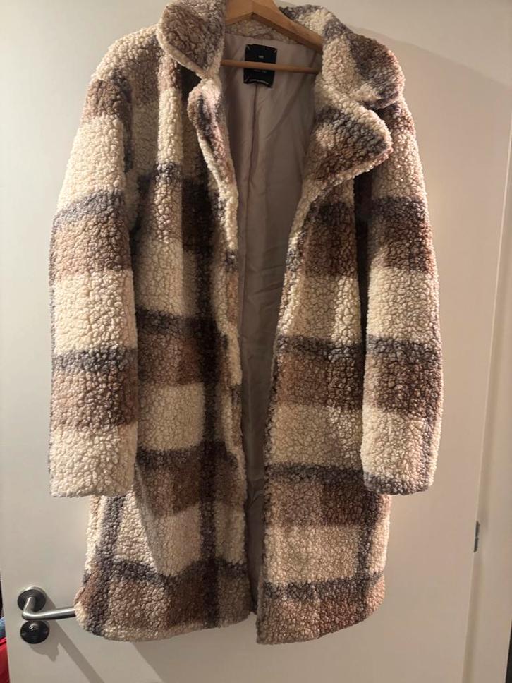 Jas - Teddy Stof - Ruitpatroon Fake Fur mt M L nieuw, Kleding | Dames, Jassen | Winter, Nieuw, Maat 38/40 (M), Beige, Ophalen of Verzenden