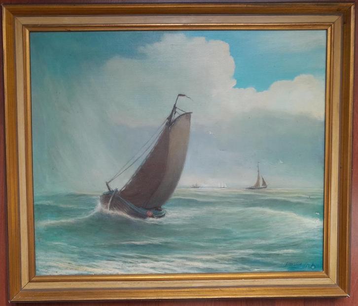 Schilderij botter met zeilboten inclusief lijst, Antiek en Kunst, Kunst | Schilderijen | Klassiek, Ophalen