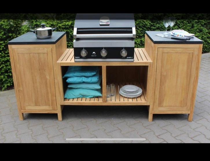 Teakhouten Buitenkeuken met Hardstenen Bladen, Tuin en Terras, Buitenkeukens, Nieuw, Gas, Vrijstaand, Ophalen of Verzenden