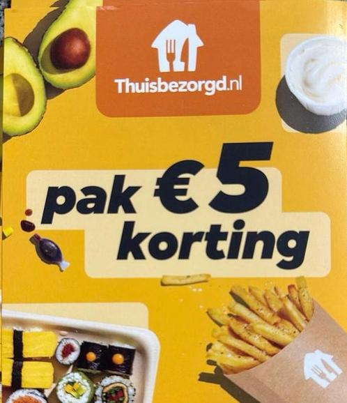 €5 KORTING THUISBEZORGD, Tickets en Kaartjes, Kortingen en Cadeaubonnen, Eén persoon, Warenhuis- of Winkelbon, Kortingsbon