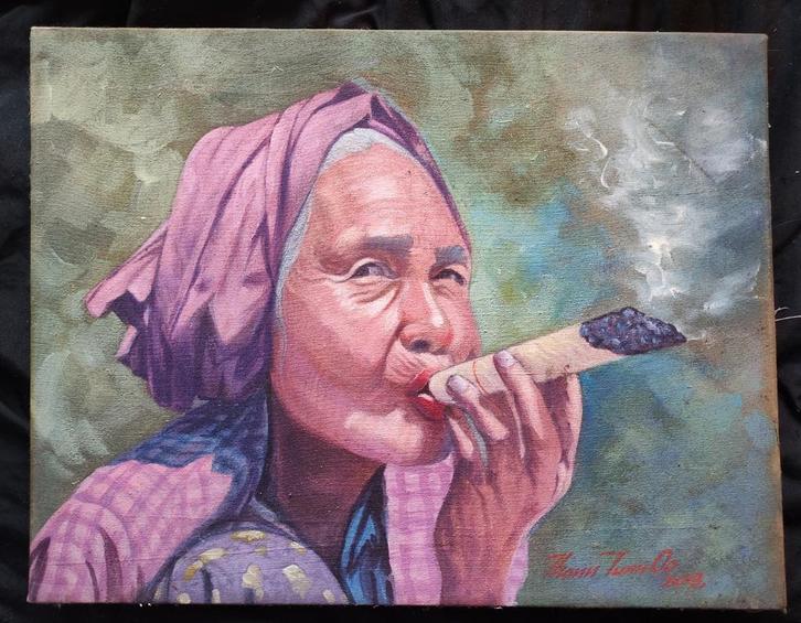 Thonn Tunn Oo 2013 gesigneerd schilderij.Verf op doek., Antiek en Kunst, Kunst | Schilderijen | Modern, Ophalen of Verzenden