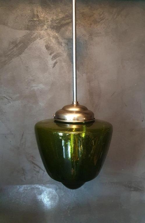 Vintage Groene Art deco bubbelglas conische Hanglamp, Huis en Inrichting, Lampen | Hanglampen, Gebruikt, 50 tot 75 cm, Glas, Metaal