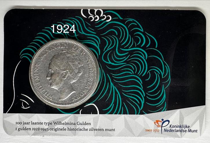Wilhelmina Gulden 1924 Coincard - 100 jaar, Postzegels en Munten, Munten | Nederland, Losse munt, 1 gulden, Koningin Wilhelmina