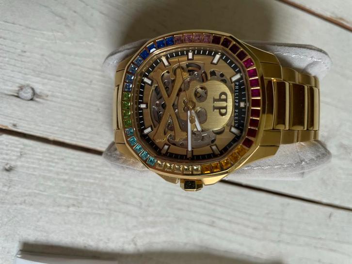 Phillip Plein Skeleton Goudkleurig Horloge, Sieraden, Tassen en Uiterlijk, Horloges | Heren, Zo goed als nieuw, Polshorloge, Overige merken