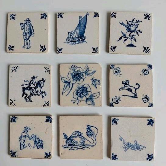 9 x oude Delfts blauwe tegeltjes 5x5 cm handgeschilderd, Antiek en Kunst, Antiek | Wandborden en Tegels, Ophalen of Verzenden