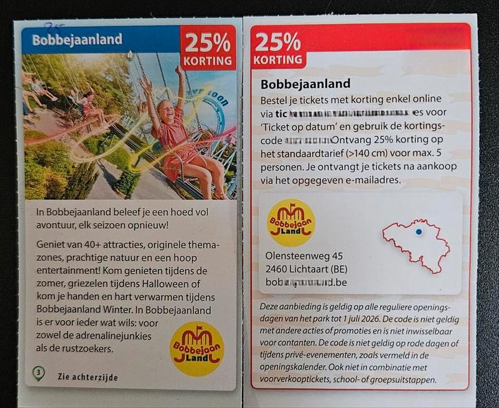 Bobbejaanland. 25% korting., Tickets en Kaartjes, Kortingen en Cadeaubonnen