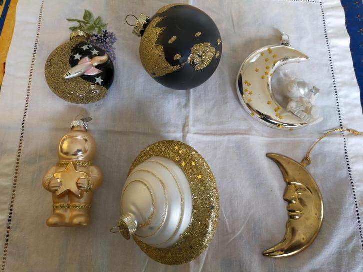 5 glazen kerst ornamenten figuurtjes, planeten, astronaut, Diversen, Kerst, Gebruikt, Ophalen of Verzenden