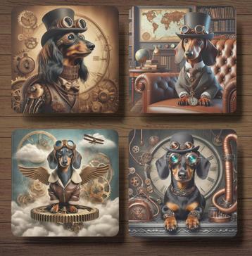 Teckel Steampunk onderzetters met houder beschikbaar voor biedingen