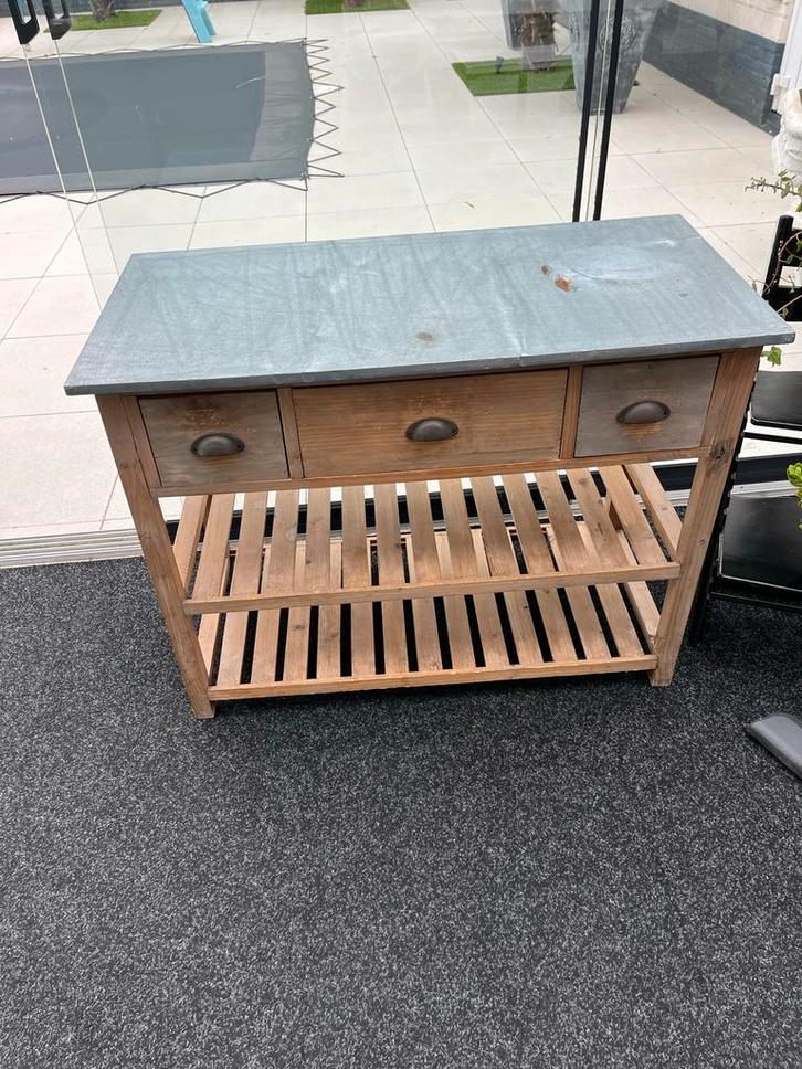 Houten Tafel met zinkenblad Lades en Onderplank, Tuin en Terras, Tuinmeubel-accessoires, Gebruikt, Ophalen of Verzenden