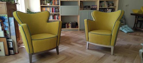 Fauteuils, prijs per stuk, mosterdgeel, met petrol bies., Huis en Inrichting, Fauteuils, Zo goed als nieuw, Stof, 75 tot 100 cm