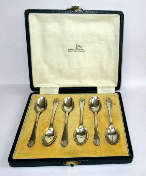 Set van zes sterling zilver koffielepels in etui, Birmingham, Antiek en Kunst, Antiek | Goud en Zilver, Zilver, Ophalen of Verzenden