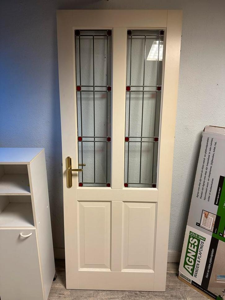 Paneeldeur met Glas in Lood, Doe-het-zelf en Verbouw, Deuren en Horren, Gebruikt, Binnendeur, 200 tot 215 cm, 80 tot 100 cm, Glas