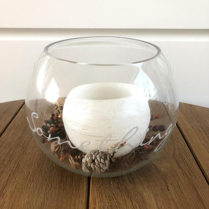 Riviera Maison Glazen bol windlicht met kaars en decoratie, Huis en Inrichting, Woonaccessoires | Stolpen, Zo goed als nieuw, Ophalen of Verzenden