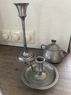 Antieke tinnen set - hoge en lage kandelaar en thee potje, Antiek en Kunst, Ophalen of Verzenden