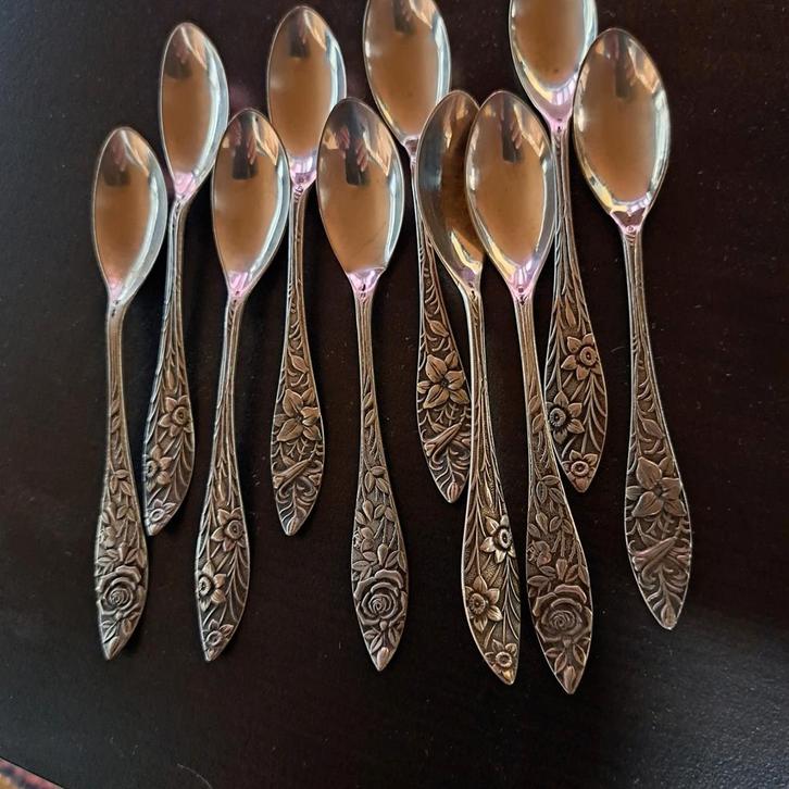 Antieke Lepeltjes met Bloemenmotief (10 stuks), Antiek en Kunst, Antiek | Goud en Zilver, Ophalen of Verzenden