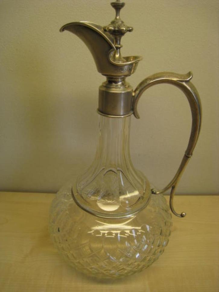 Kristallen karaf voor drank, met zilver beslag en handvat, Antiek en Kunst, Antiek | Glas en Kristal, Ophalen of Verzenden