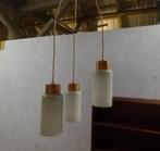 hanglamp/3 deens design teak, Huis en Inrichting, Lampen | Hanglampen, Gebruikt, Ophalen of Verzenden, Glas, Midcentury modern