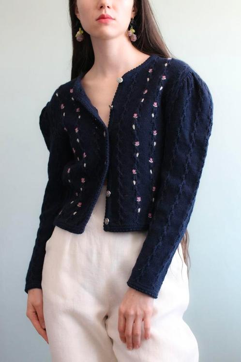 Oostenrijks vest van wol geborduurd kabel S, Kleding | Dames, Truien en Vesten, Zo goed als nieuw, Maat 36 (S), Blauw, Verzenden