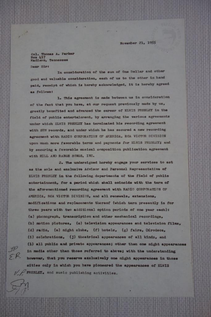 Copy overeenkomst Elvis PresleyColonel Parker, Verzamelen, Muziek, Artiesten en Beroemdheden, Zo goed als nieuw, Ophalen of Verzenden