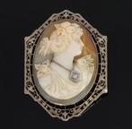 Fraaie 14k gouden art deco diamant camee antieke broche