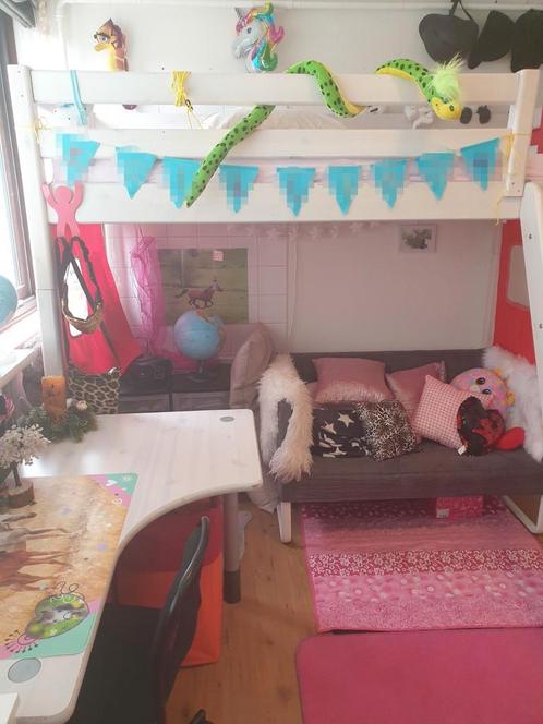 Massief houten Flexa halfhoog- + hoogslaper + bureau + meer, Kinderen en Baby's, Kinderkamer | Stapelbedden en Hoogslapers, Gebruikt