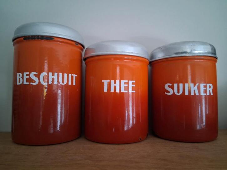 Vintage oranje emaille voorraadbussen set, Huis en Inrichting, Keuken | Keukenbenodigdheden, Gebruikt, Ophalen of Verzenden
