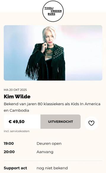 2x Kim Wilde ticket - Tivoli Utrecht - maandag 20 oktober beschikbaar voor biedingen