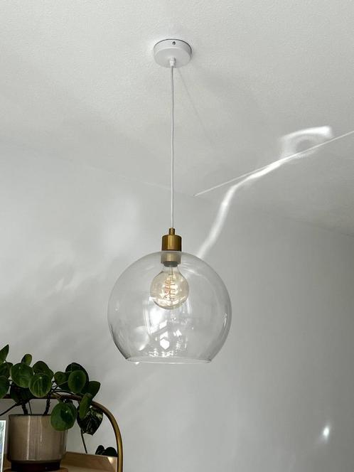 2x Ikea Jakobsbyn lampenkap helder glas, messing & wit snoer, Huis en Inrichting, Lampen | Hanglampen, Zo goed als nieuw, Minder dan 50 cm